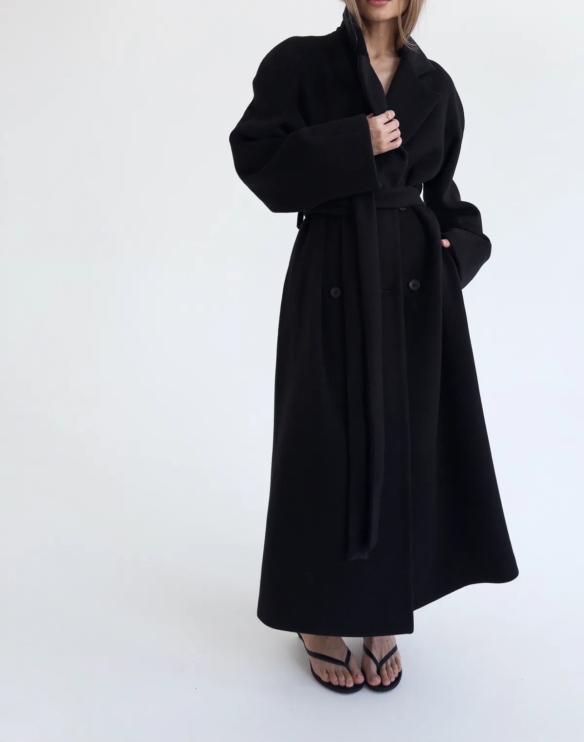 Пальто максі з натуральної 100% вовни розслабленого крою, чорне - Фото 1