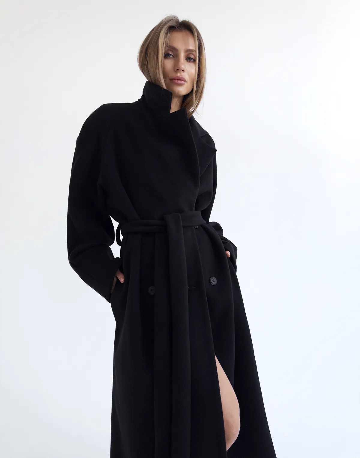 Пальто максі з натуральної 100% вовни розслабленого крою, чорне - Фото 5