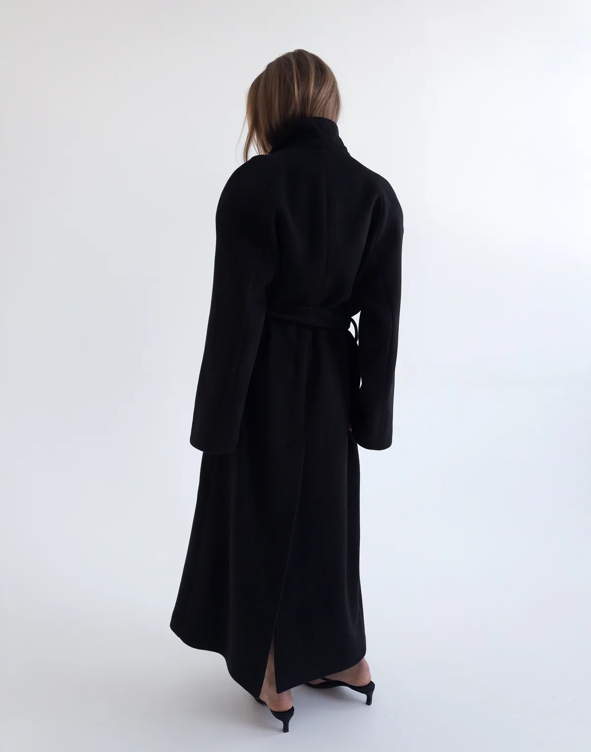 Пальто максі з натуральної 100% вовни розслабленого крою, чорне - Фото 2