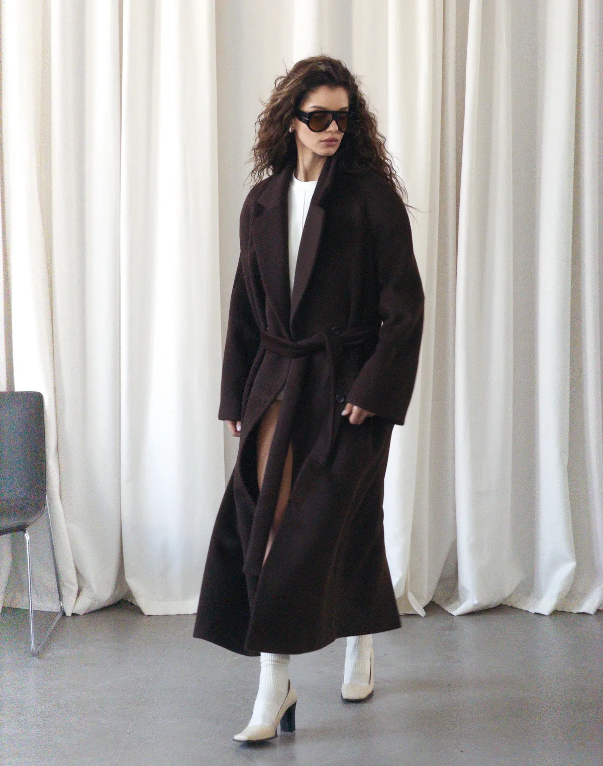 Пальто максі з натуральної вовни та кашеміру розслабленого крою, темний шоколад - Фото 3