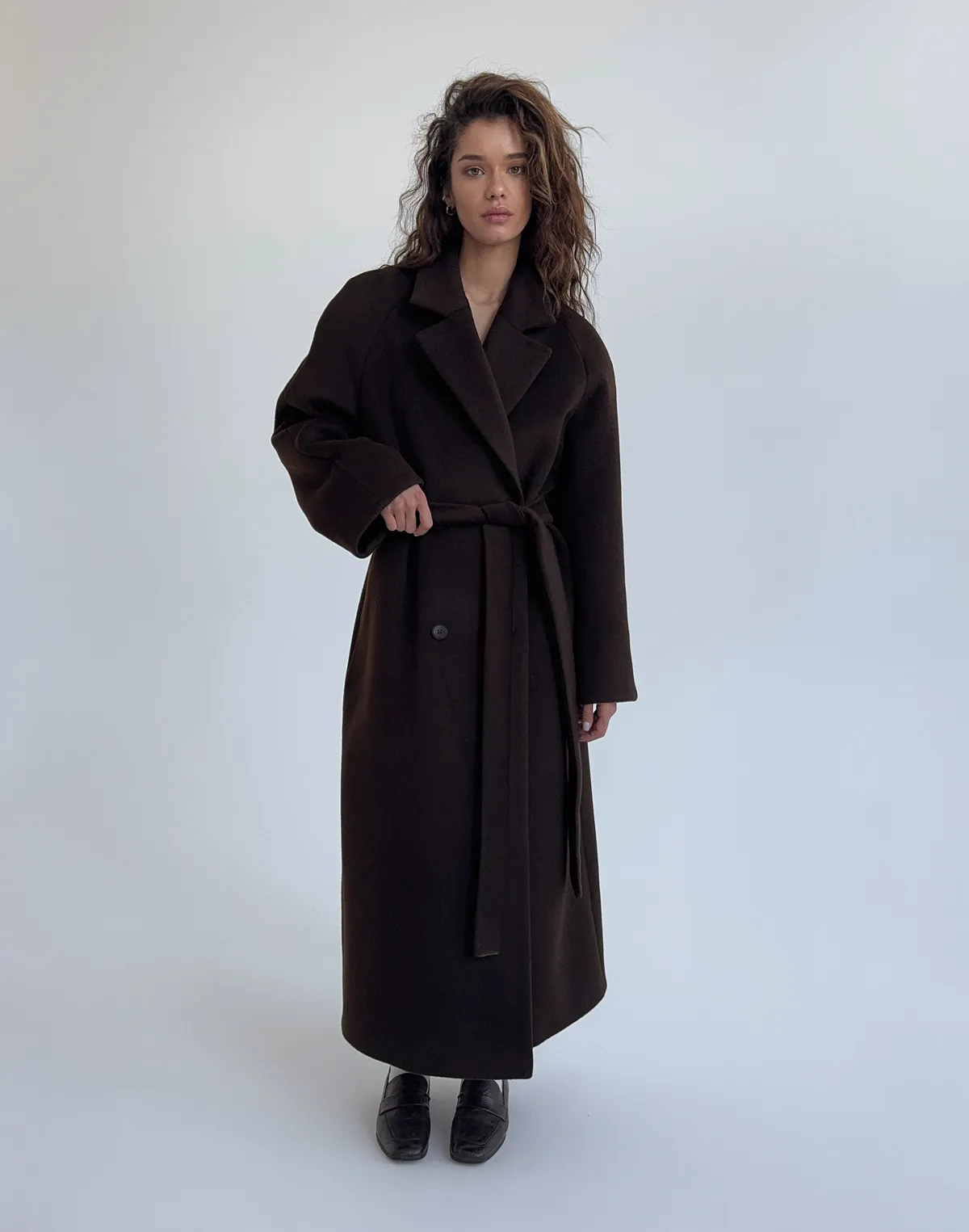 Пальто максі з натуральної вовни та кашеміру розслабленого крою, темний шоколад - Фото 1