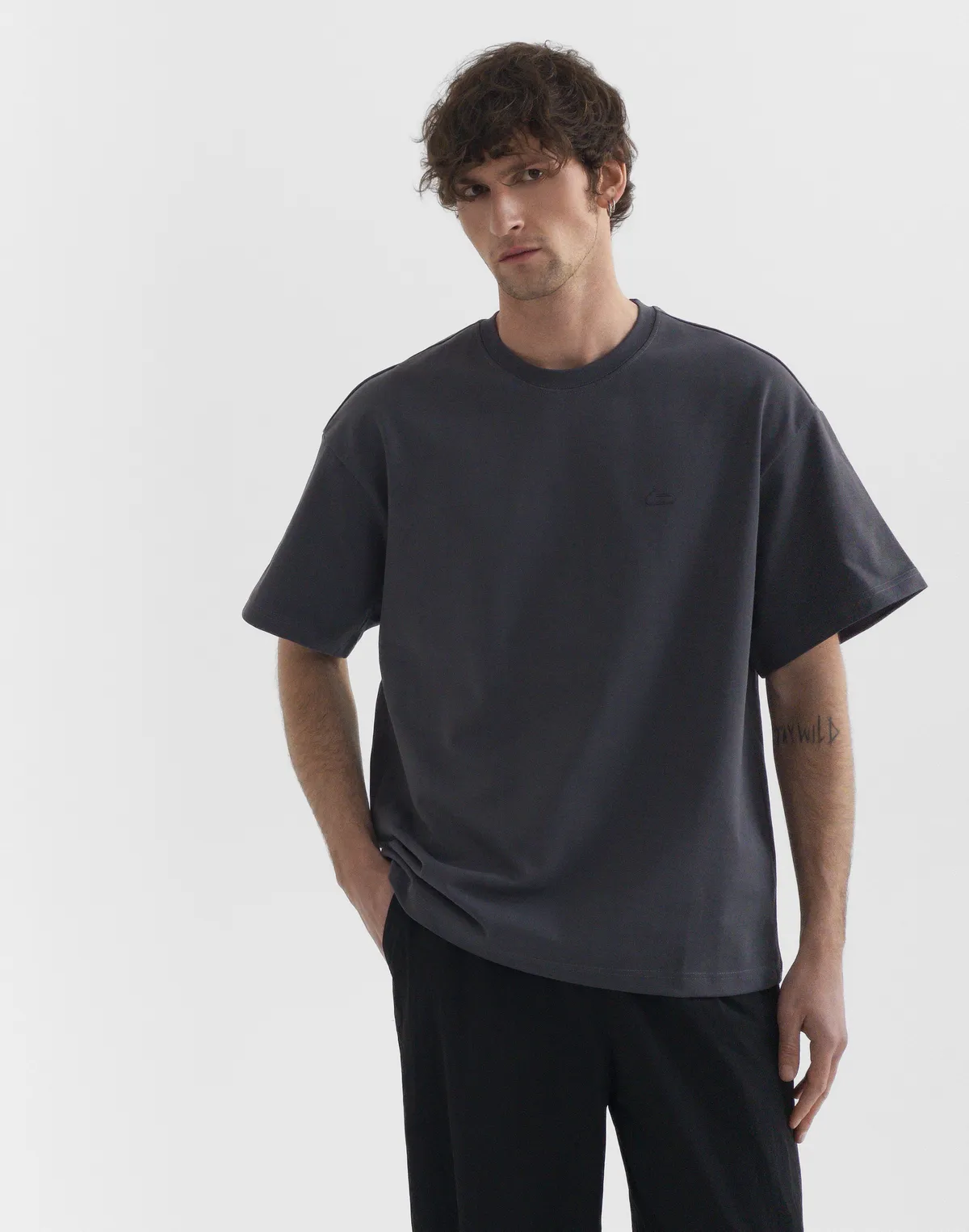 Футболка чоловіча оверсайз зі супер щільного котону з логотипом, графітова - Фото 3