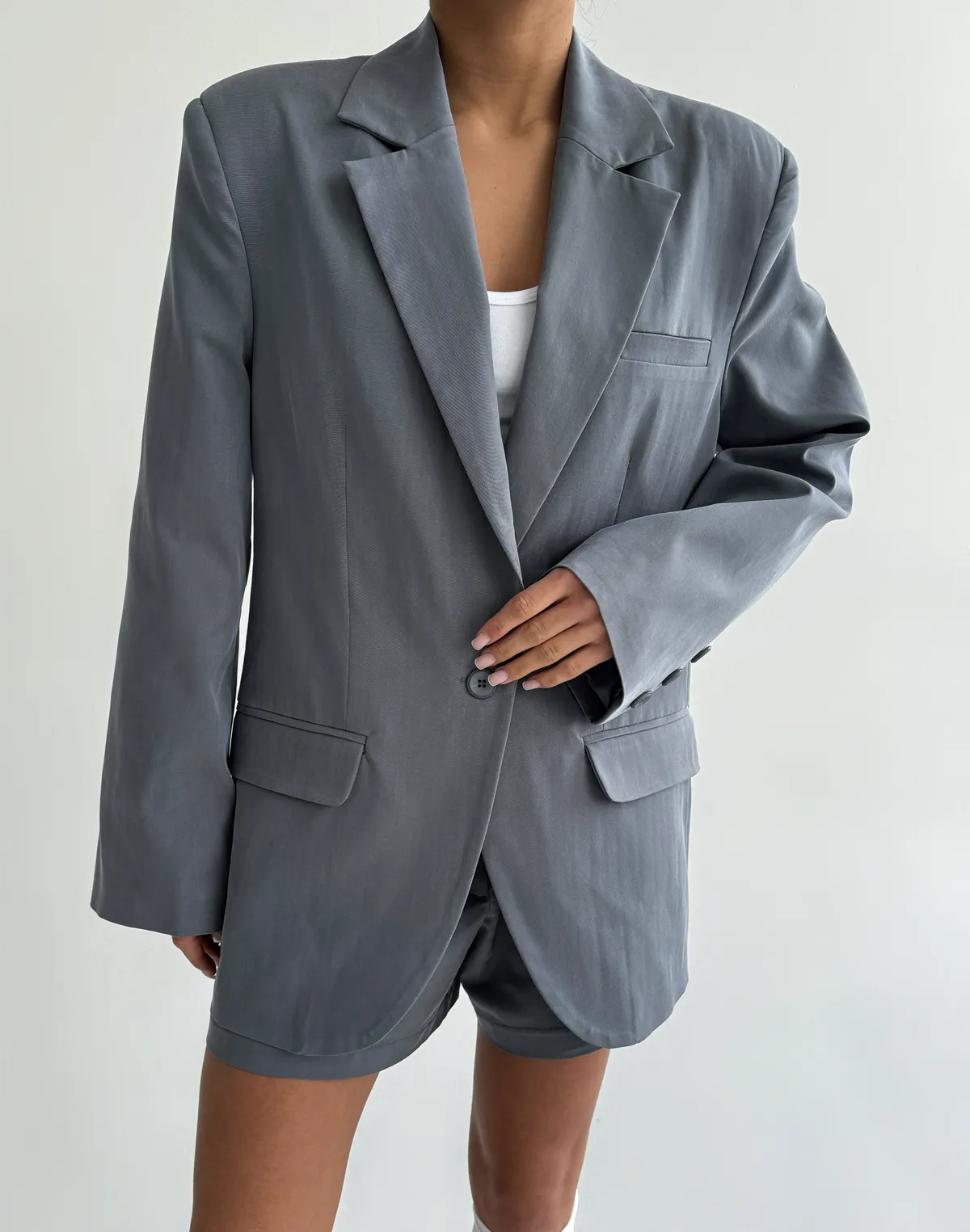 Жакет приталений з поясом текстильний, сірий - Фото 6