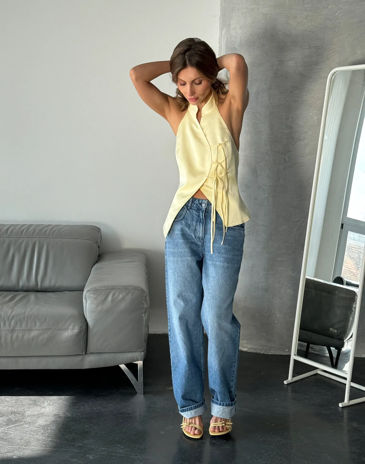 Сатиновий топ в азійському стилі, вершкове масло - Фото 3