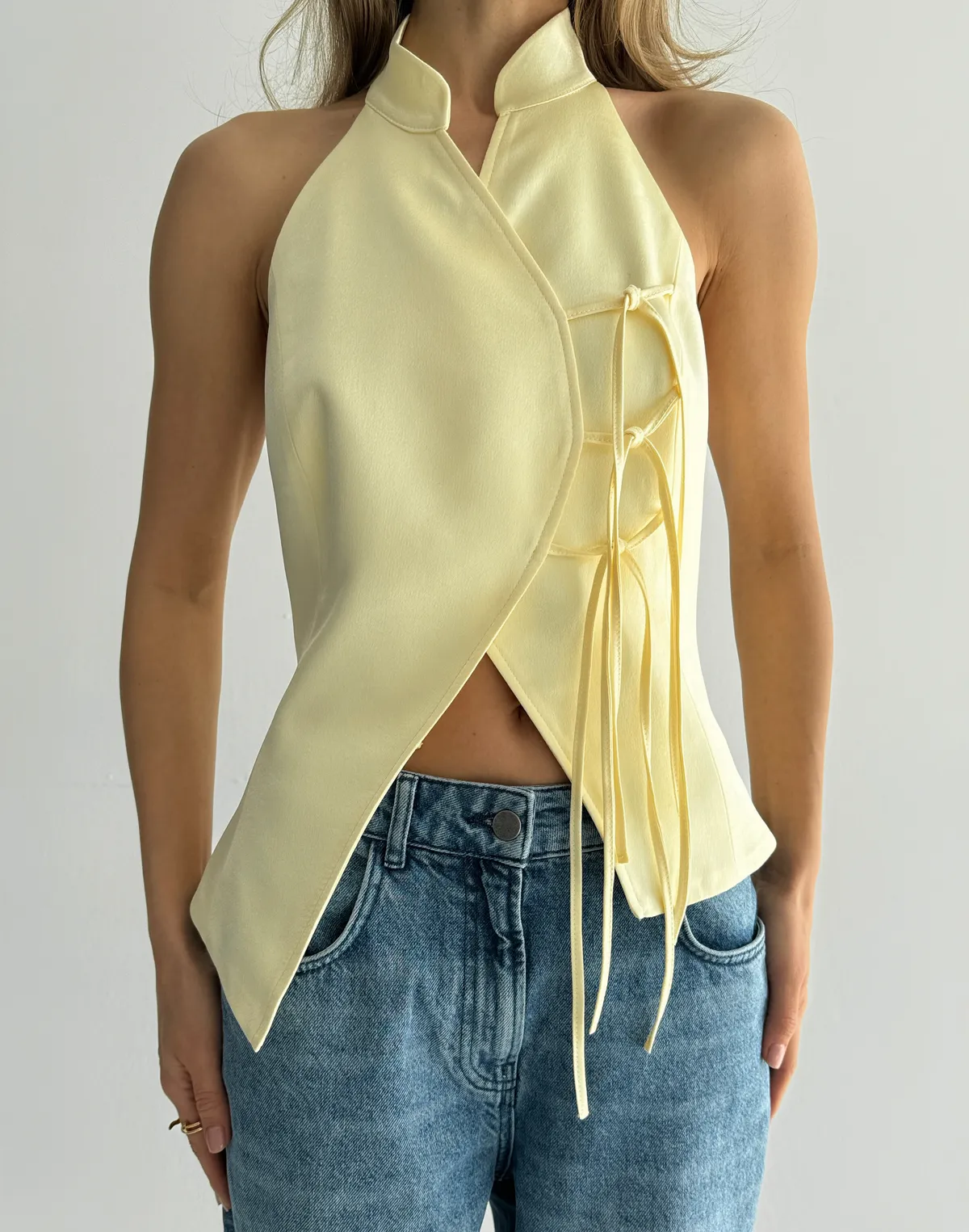 Сатиновий топ в азійському стилі, вершкове масло - Фото 1