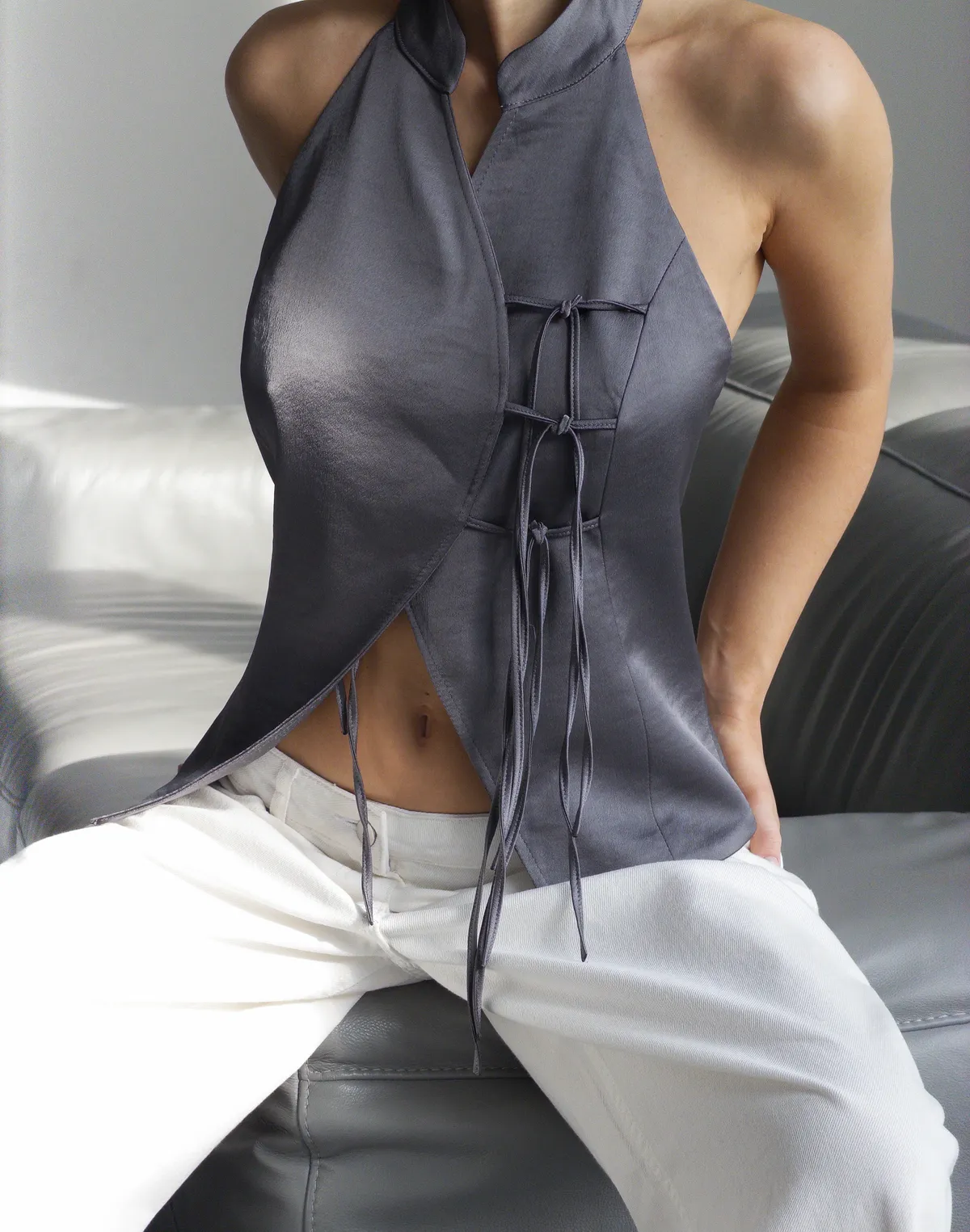 Сатиновий топ в азійському стилі, графітовий - Фото 8