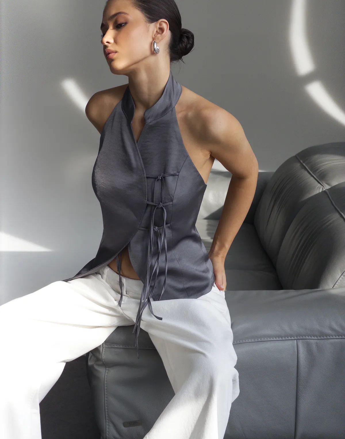 Сатиновий топ в азійському стилі, графітовий - Фото 4