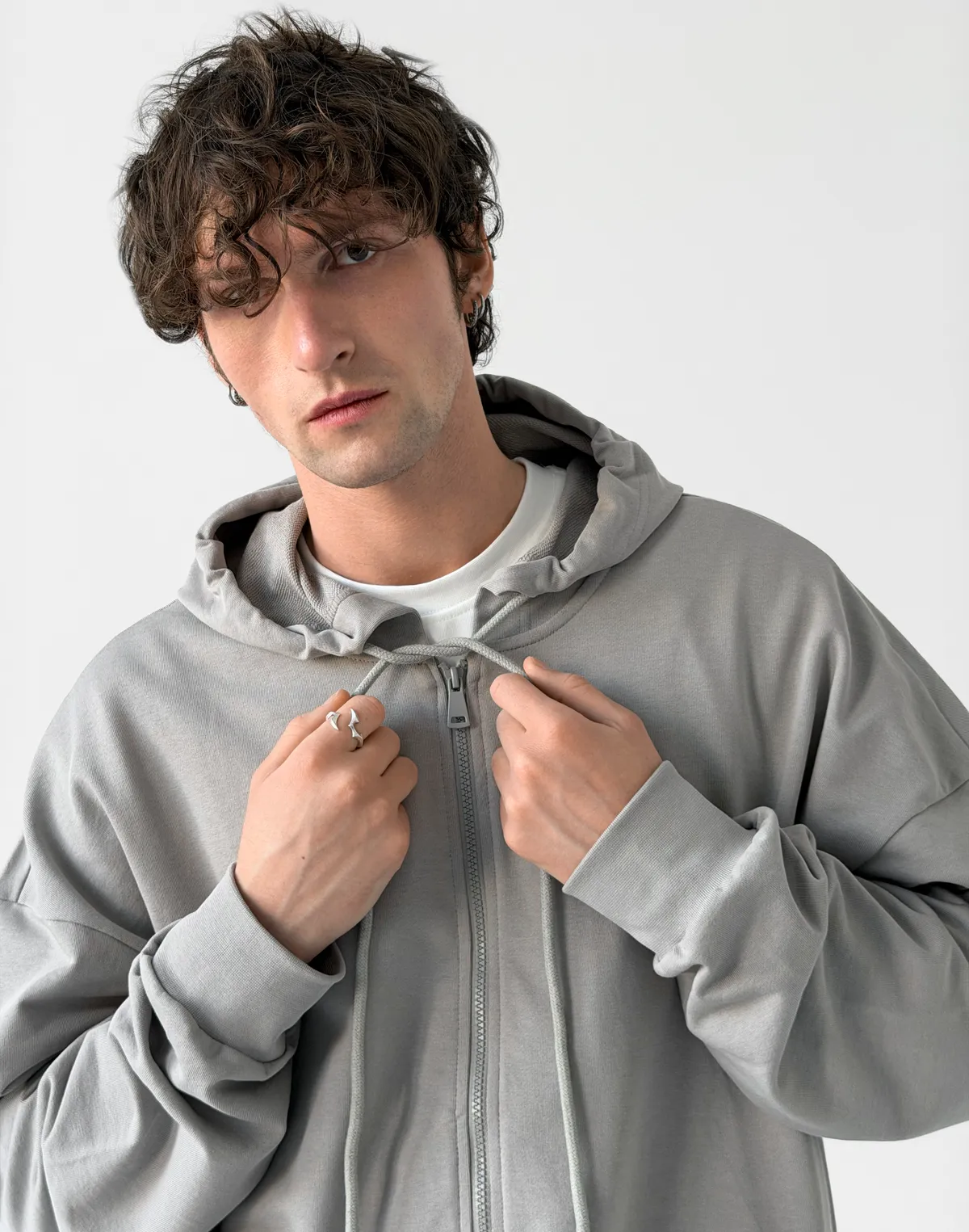 Комплект чоловічій весняний зіпер з капюшоном та джогери базові, нейтральний сірий - Фото 3