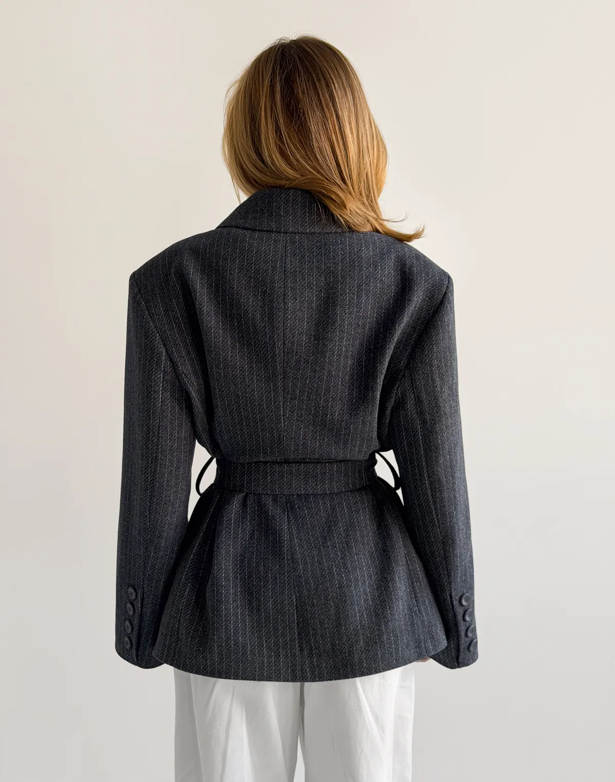 Вкорочене пальто із вовною у складі, графіт у смужку - Фото 2