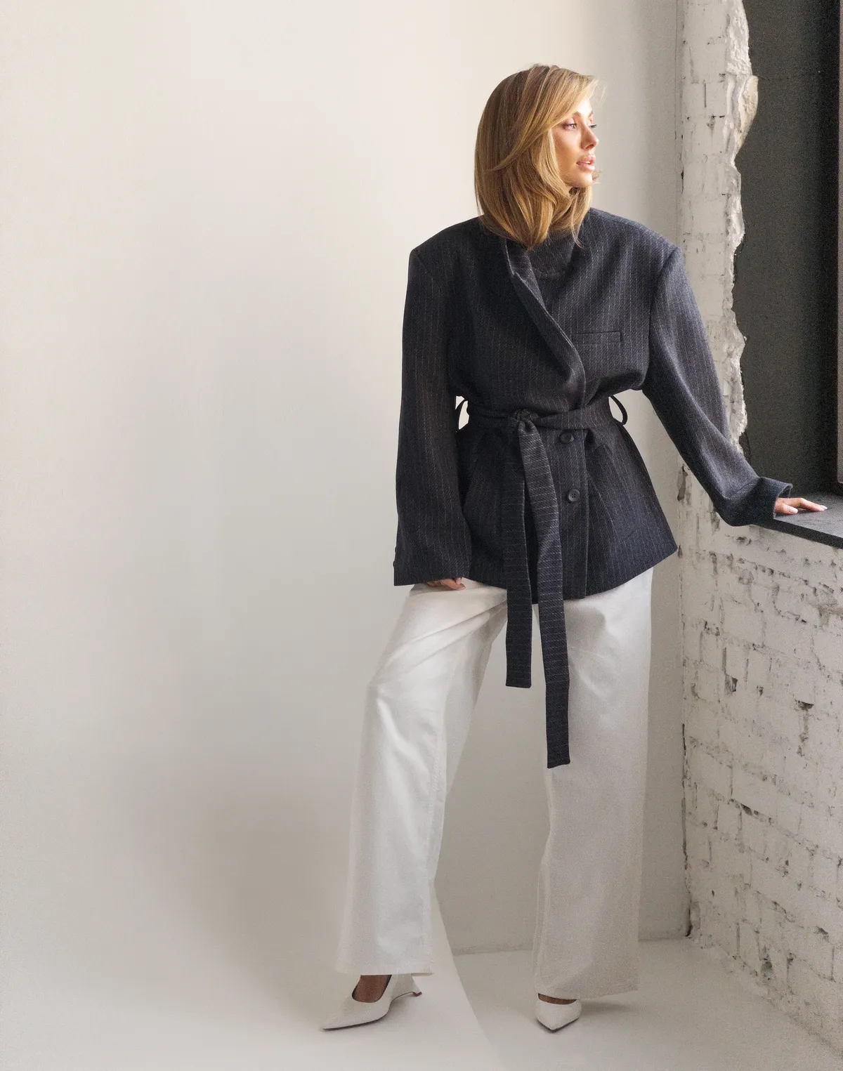 Вкорочене пальто із вовною у складі, графіт у смужку - Фото 7