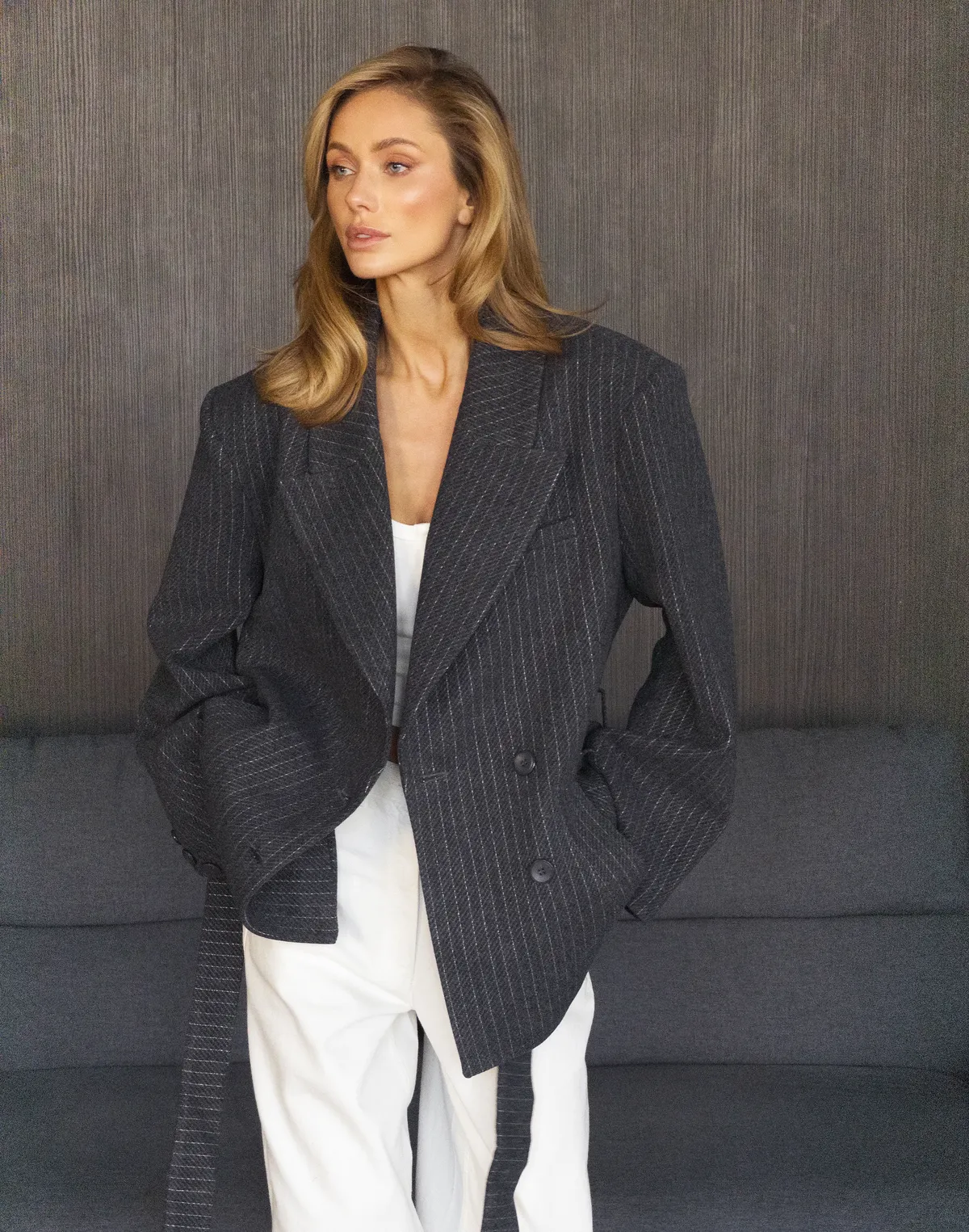 Вкорочене пальто із вовною у складі, графіт у смужку - Фото 6