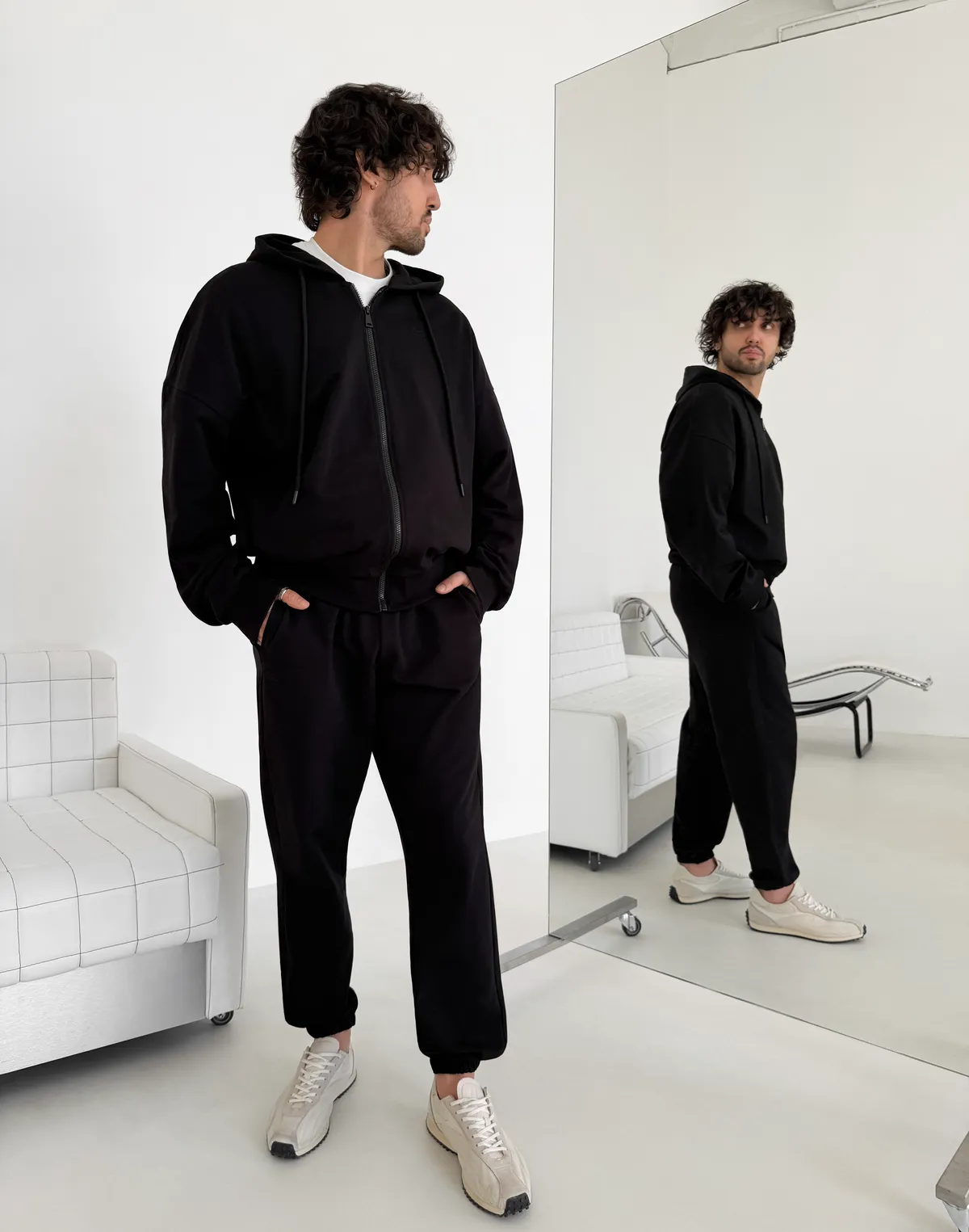 Комплект чоловічій весняний зіпер з капюшоном та джогери базові, чорні - Фото 3