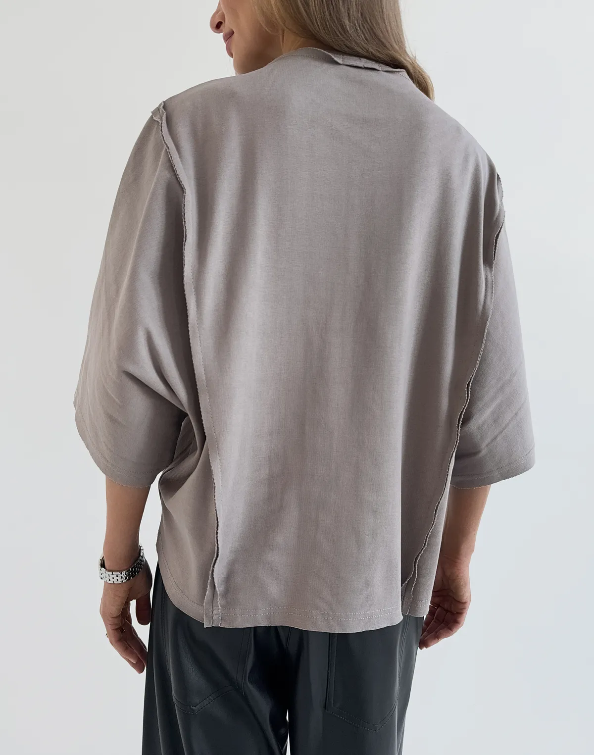 Футболка оверсайз з плотного трикотажу з боковими швами, беж темний - Фото 2