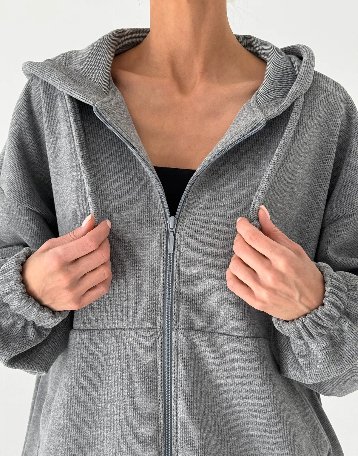 Зіпер жіночий оверсайз з текстурованої тканини у рубчик, сірий - Фото 7