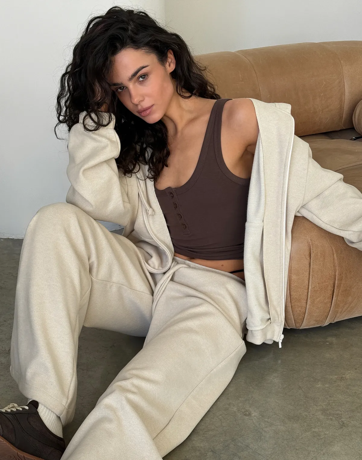 Зіпер жіночий оверсайз з текстурованої тканини у рубчик, кремовий - Фото 7