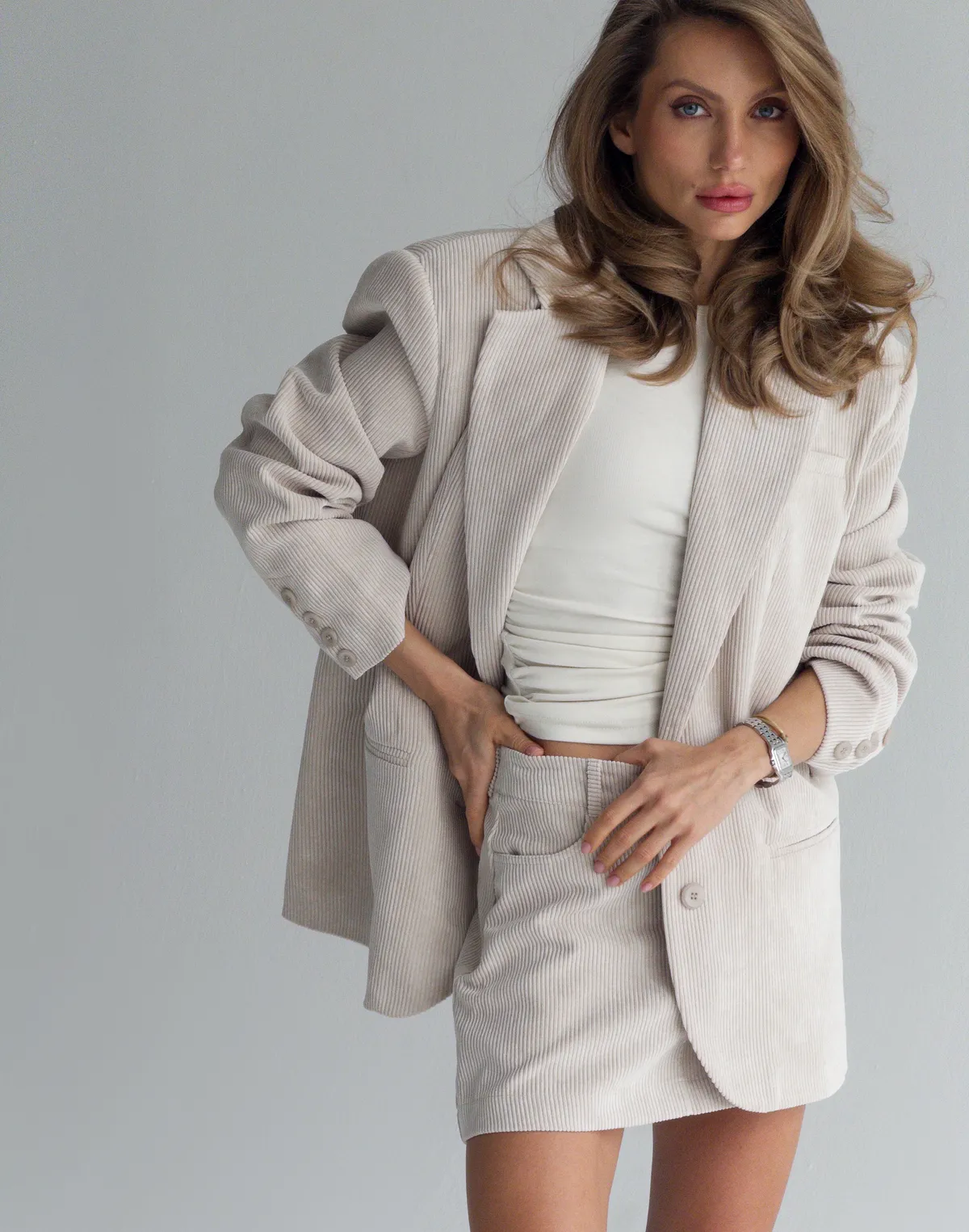 Жакет оверсайз вельветовий, молочний - Фото 8