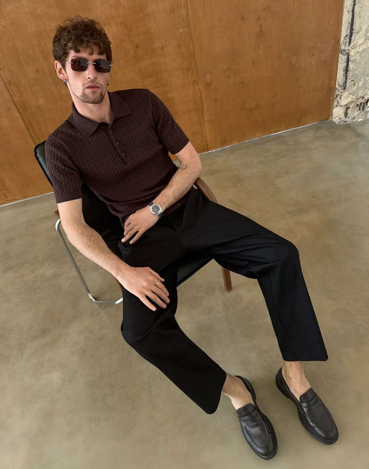 Чоловіче поло на ґудзиках текстуроване, шоколад - Фото 8