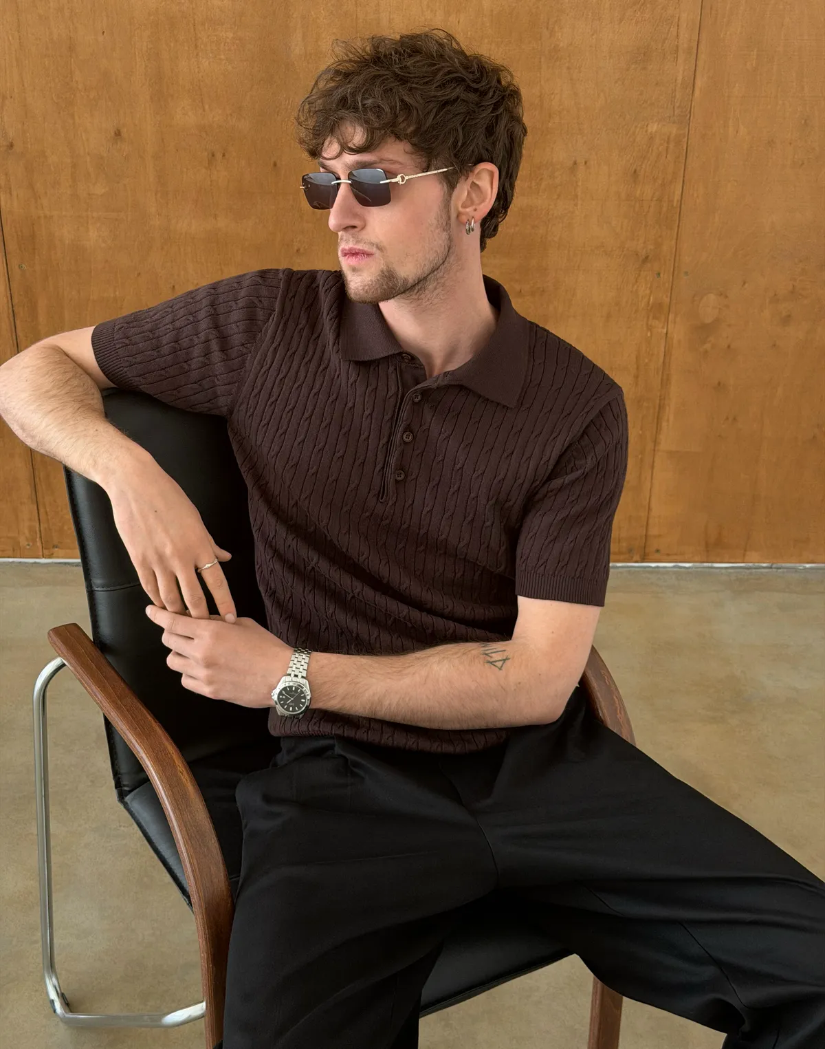 Чоловіче поло на ґудзиках текстуроване, шоколад - Фото 7