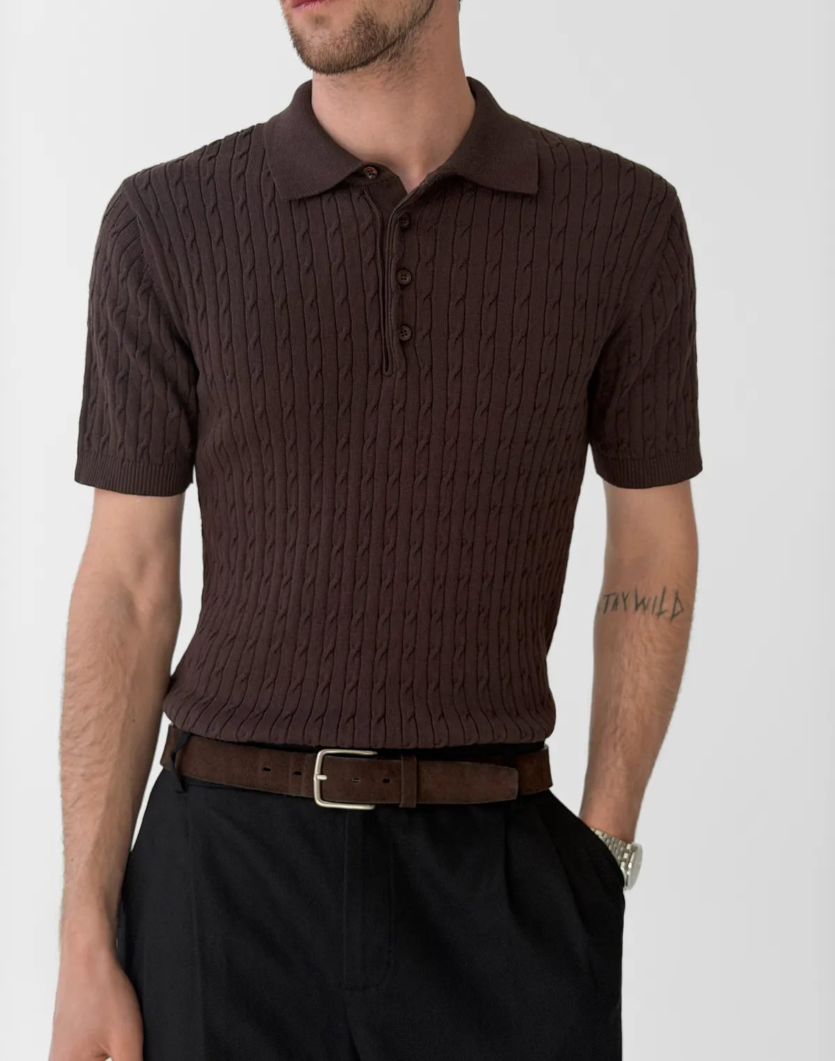 Чоловіче поло на ґудзиках текстуроване, шоколад - Фото 1