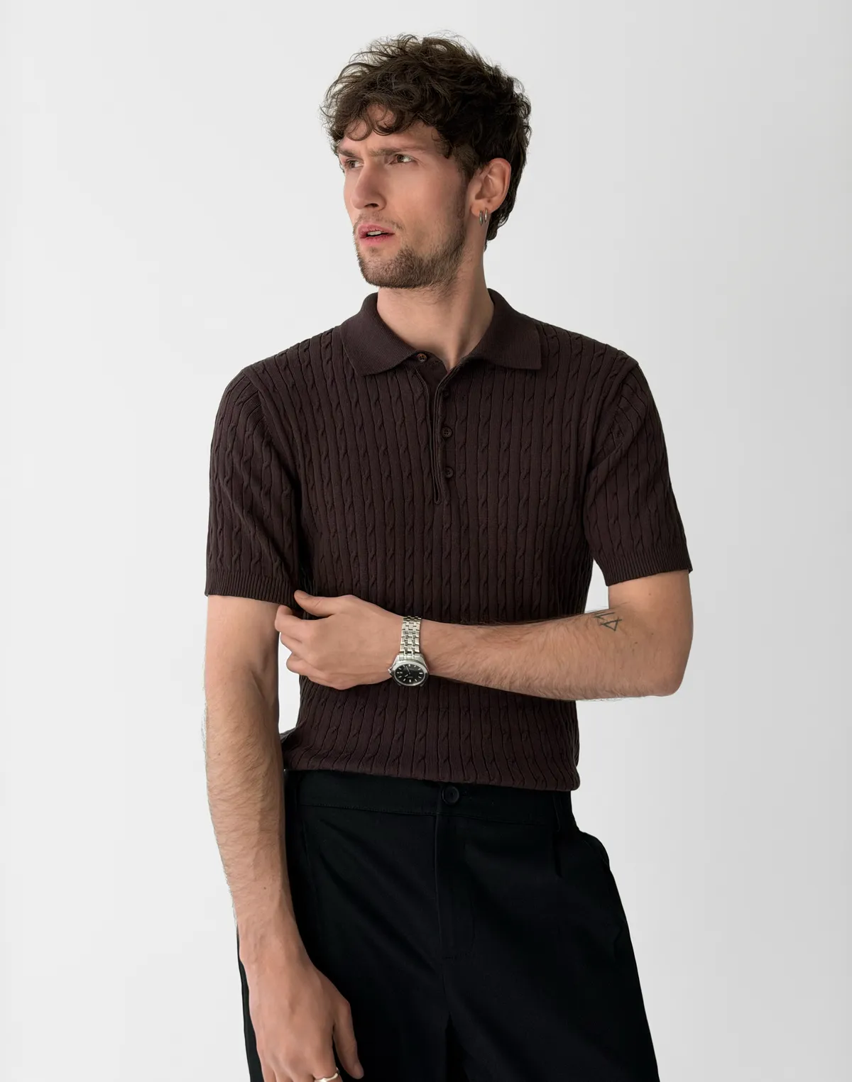 Чоловіче поло на ґудзиках текстуроване, шоколад - Фото 6
