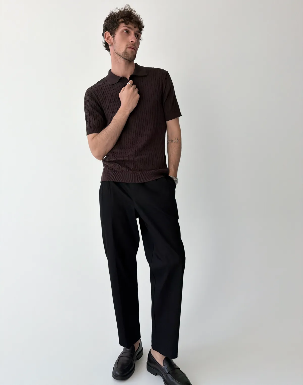 Чоловіче поло на ґудзиках текстуроване, шоколад - Фото 3