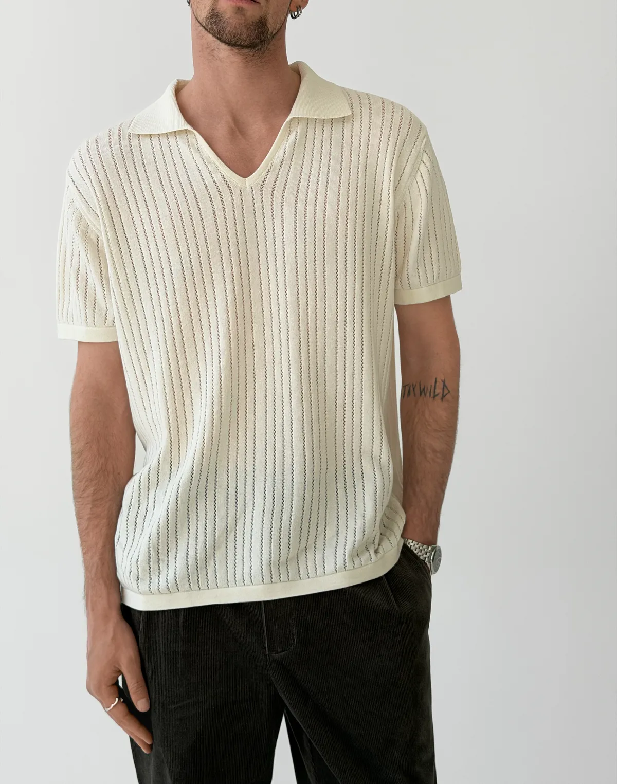 Чоловіче поло у вертикальну текстуровану смужку, молочне - Фото 6