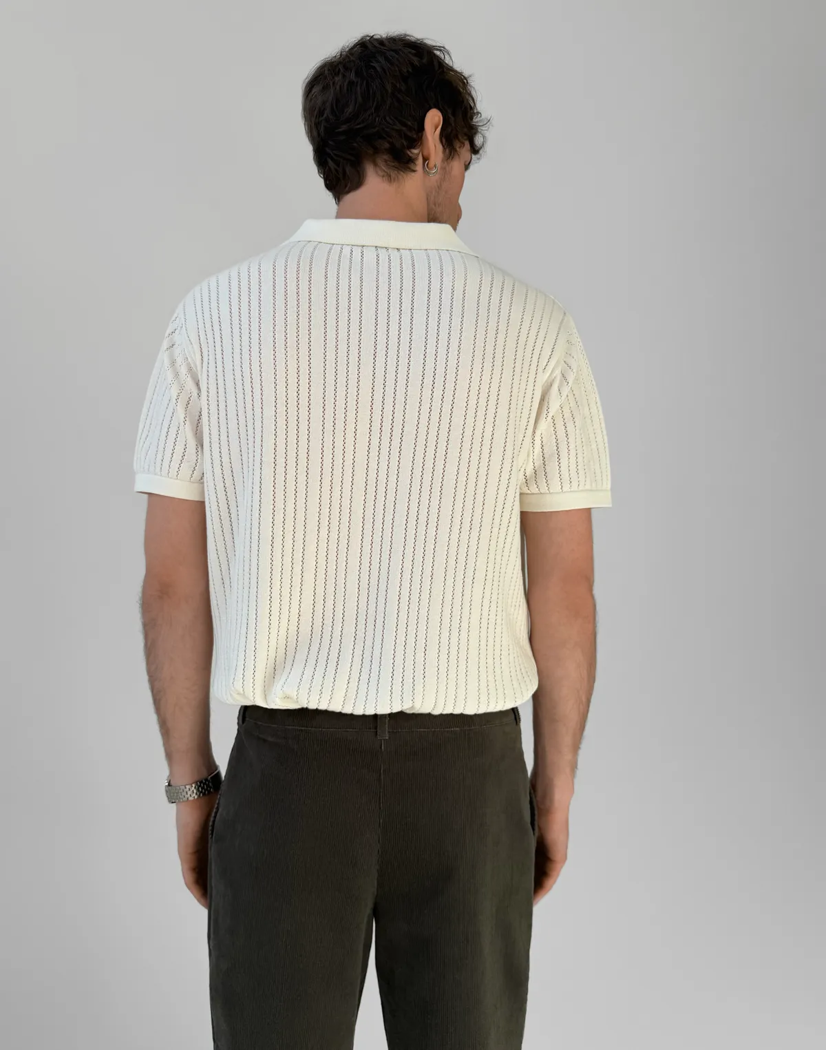 Чоловіче поло у вертикальну текстуровану смужку, молочне - Фото 2
