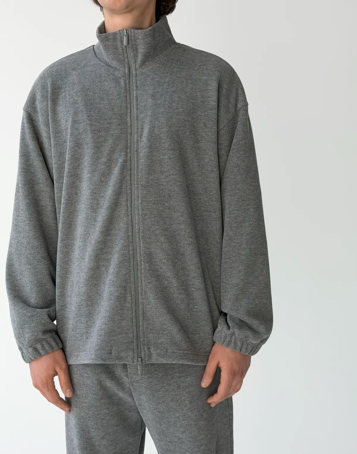 Зіпер без капюшону з текстурованої тканини у рубчик, сірий - Фото 1