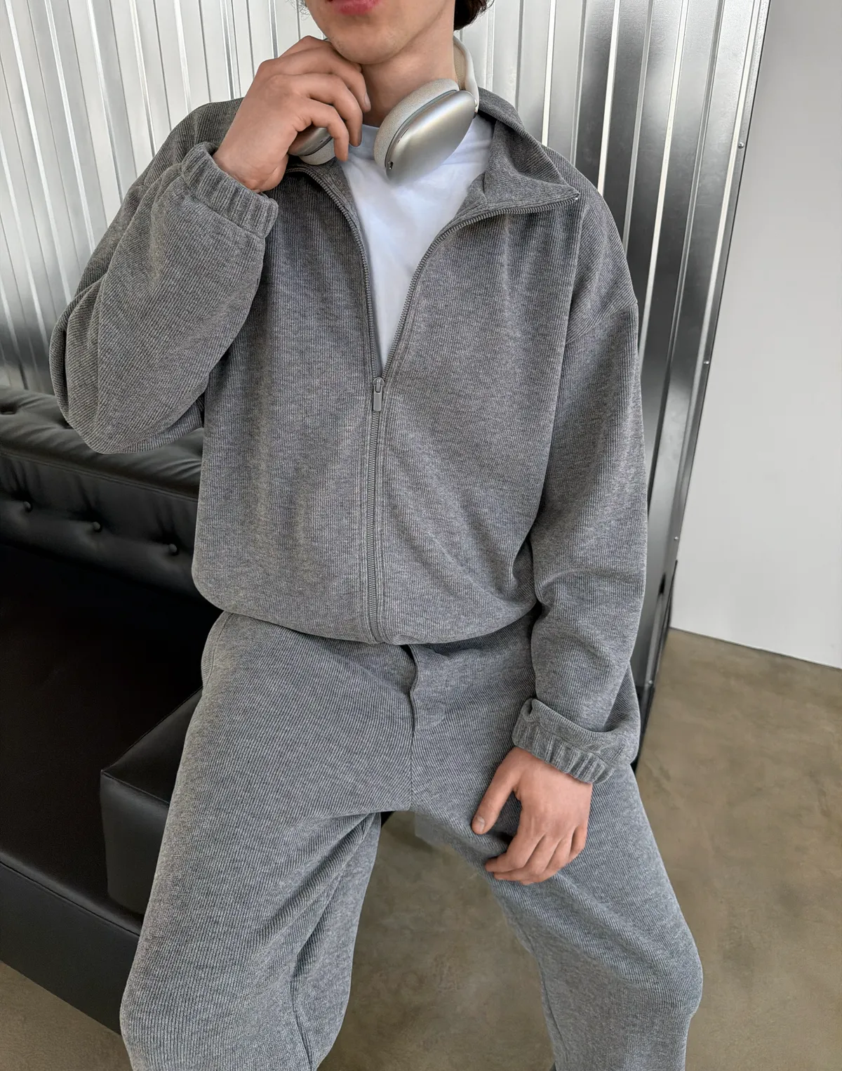 Зіпер без капюшону з текстурованої тканини у рубчик, сірий - Фото 4