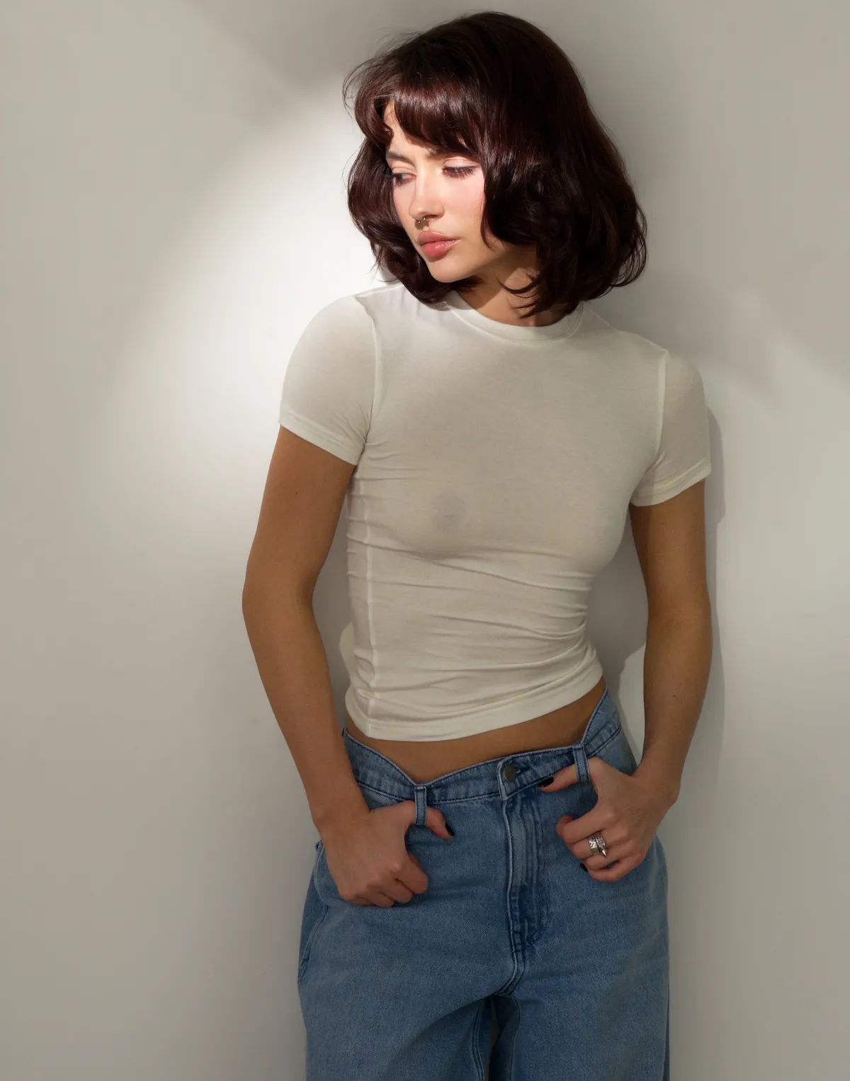 Футболка по фігурі з кашеміром у складі, шампань - Фото 7