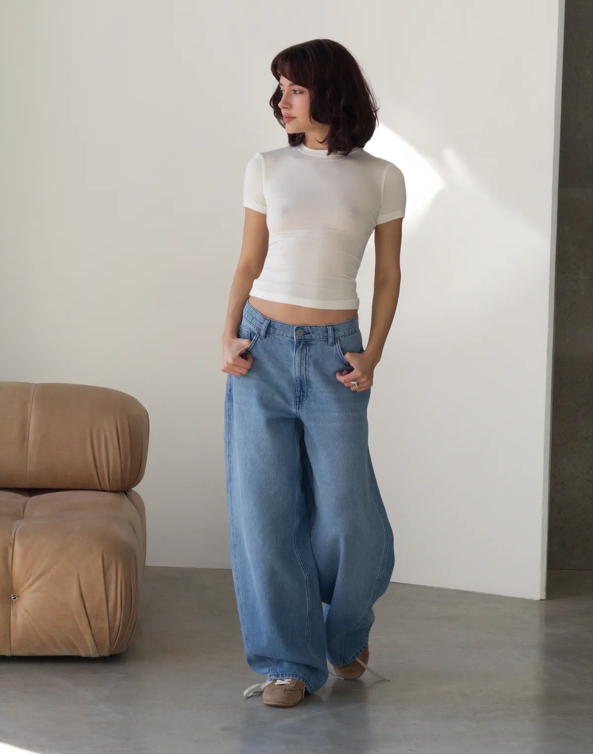 Футболка по фігурі з кашеміром у складі, шампань - Фото 3