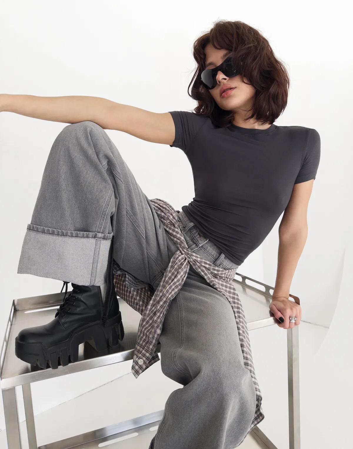 Футболка по фігурі з кашеміром у складі, графітова - Фото 1