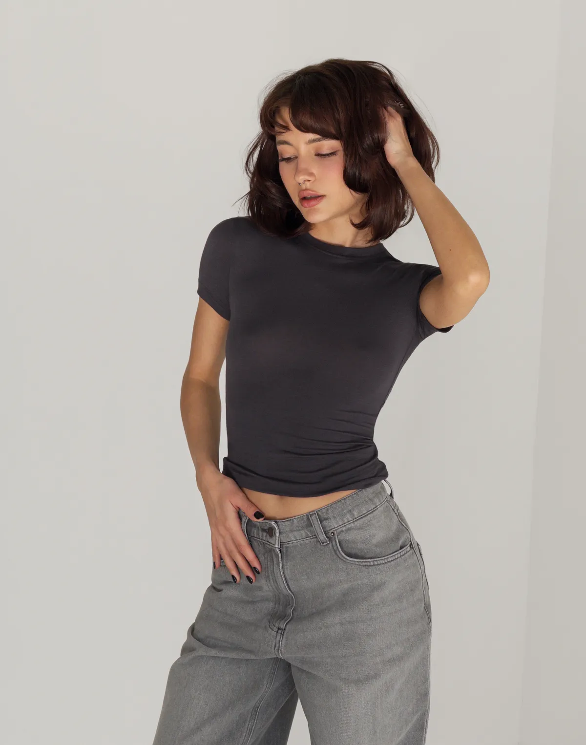 Футболка по фігурі з кашеміром у складі, графітова - Фото 5