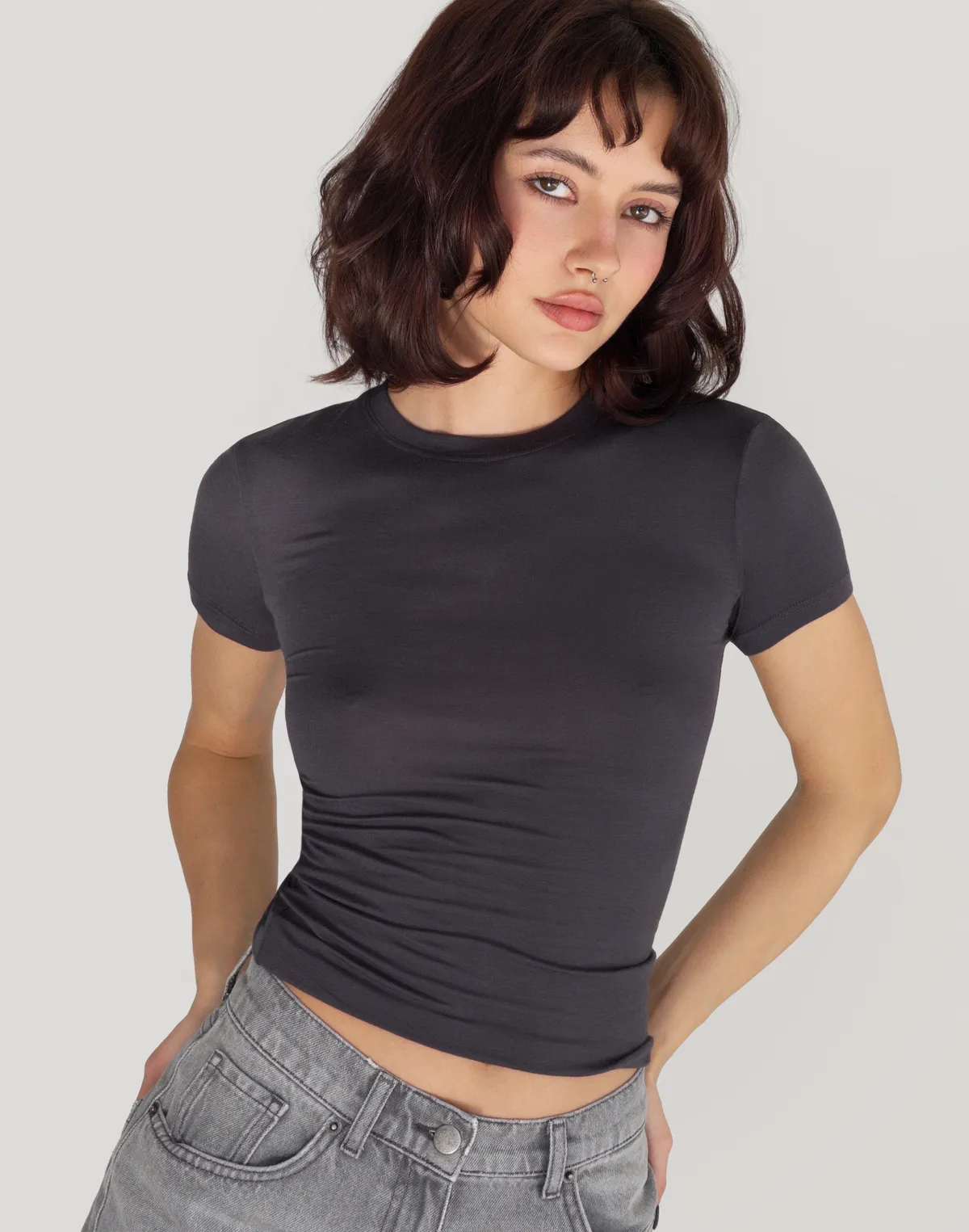 Футболка по фігурі з кашеміром у складі, графітова - Фото 4