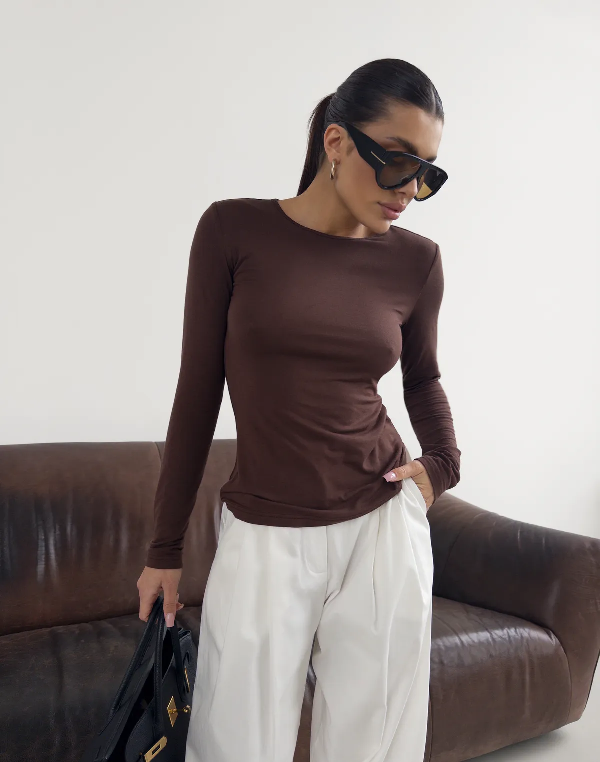 Лонгслів з кашеміром у складі з ефектом прозорості, шоколадний - Фото 6