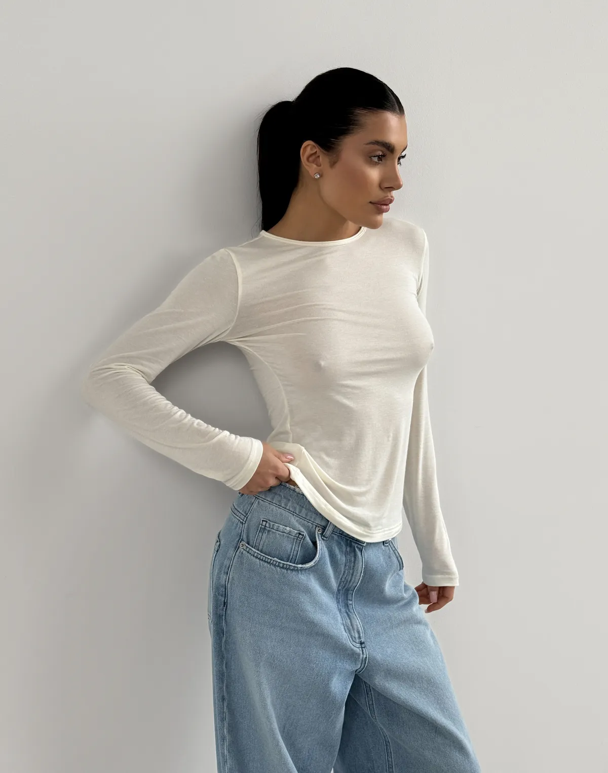 Лонгслів з кашеміром у складі з ефектом прозорості, шампань - Фото 5