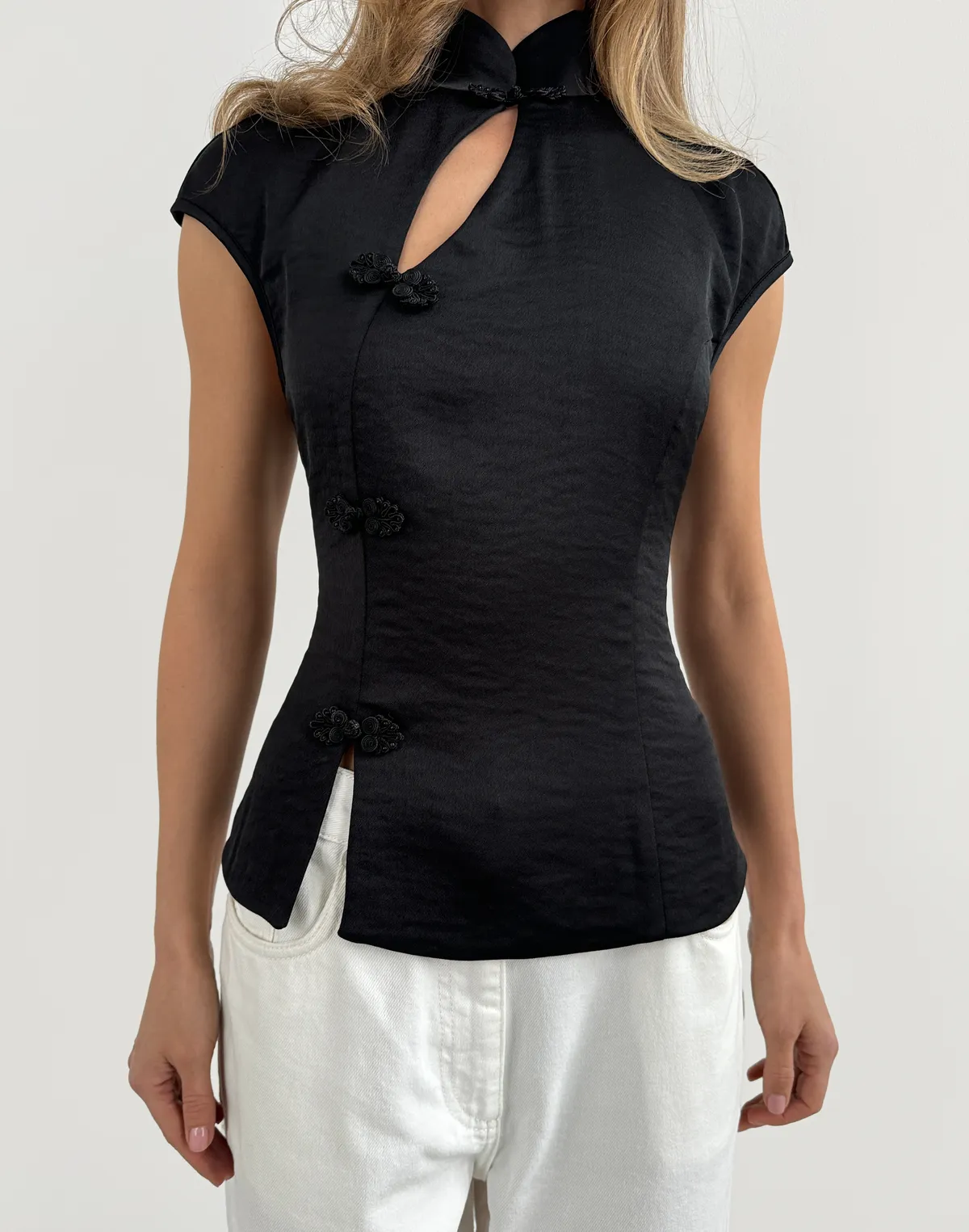 Топ-блуза в азійскому стилі сатиновий, чорний - Фото 8