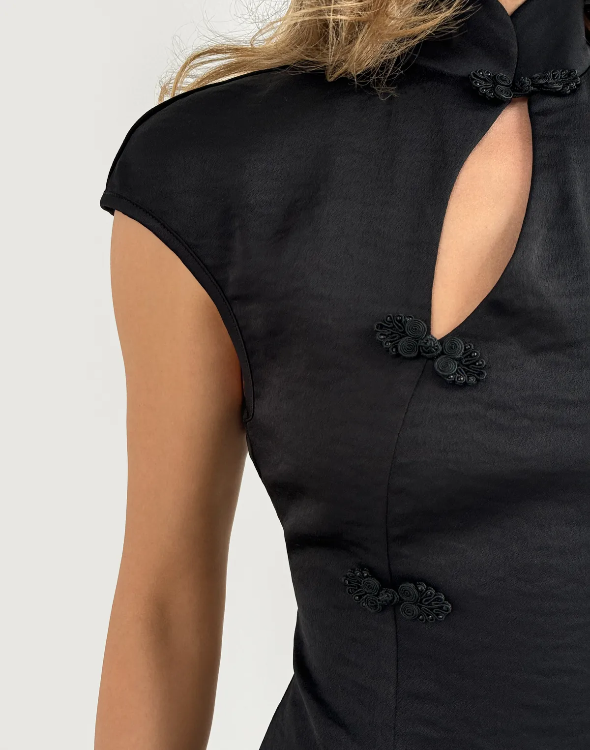 Топ-блуза в азійскому стилі сатиновий, чорний - Фото 6