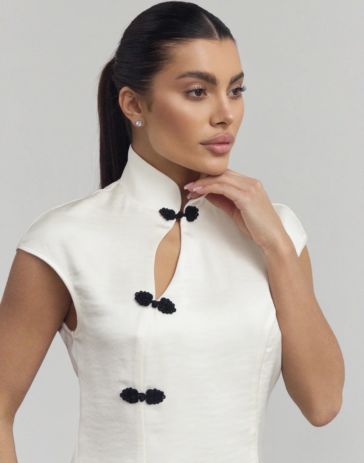 Топ-блуза в азійскому стилі сатиновий, молочний - Фото 5