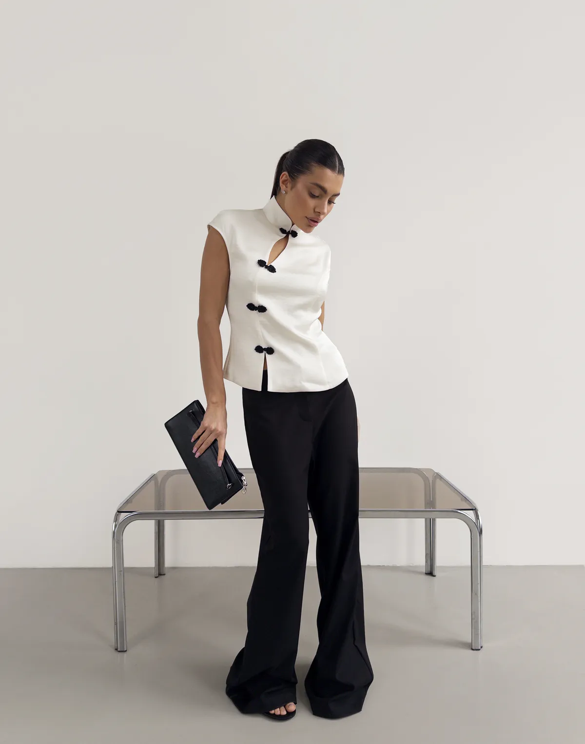 Топ-блуза в азійскому стилі сатиновий, молочний - Фото 3