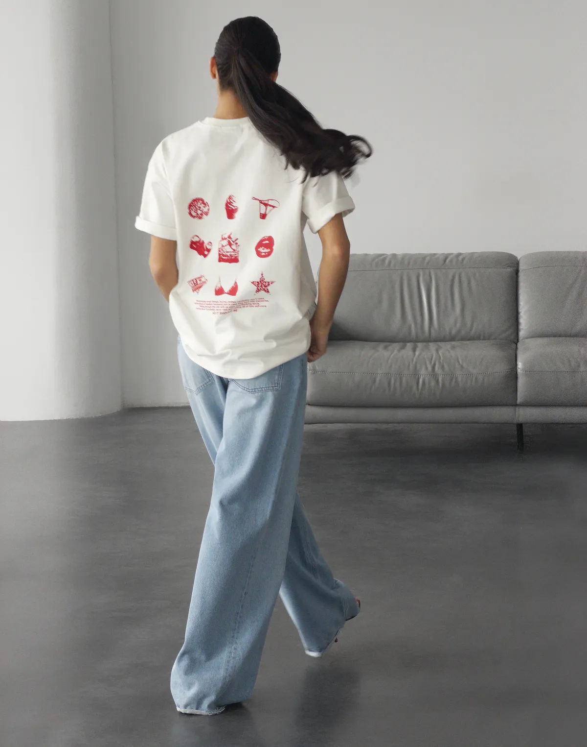 Damski T-shirt oversize z bardzo grubej bawełny z logo, grafitowy — nadruk „As it should be" - Фото 6