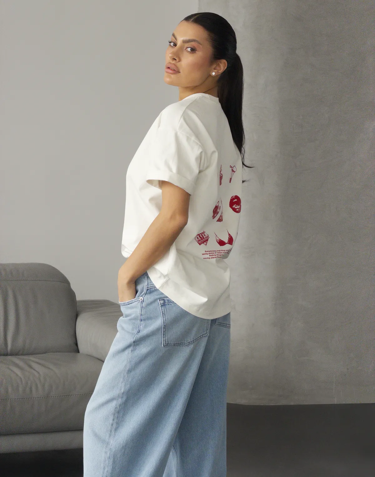 Damski T-shirt oversize z bardzo grubej bawełny z logo, grafitowy — nadruk „As it should be" - Фото 5