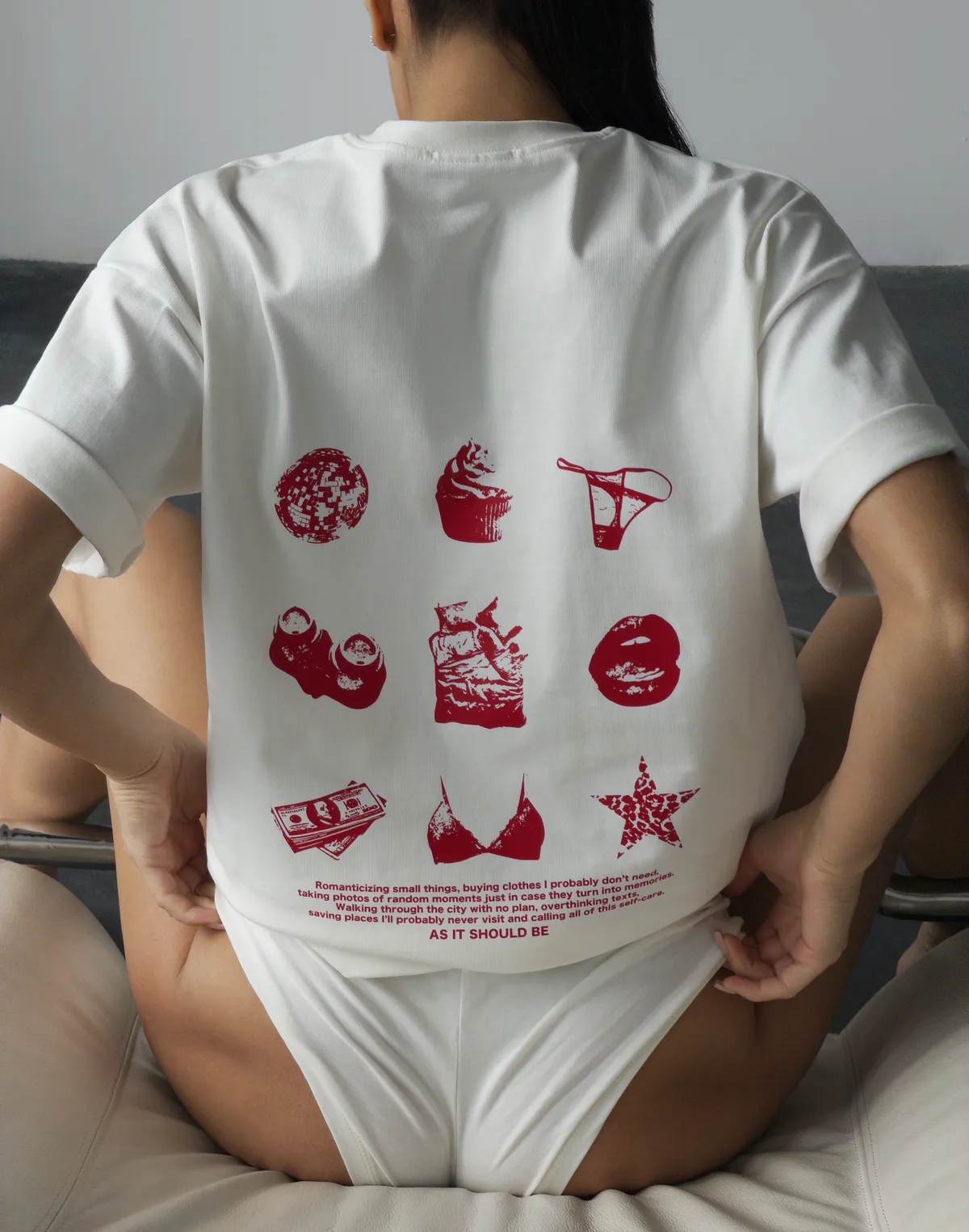 Damski T-shirt oversize z bardzo grubej bawełny z logo, grafitowy — nadruk „As it should be" - Фото 3