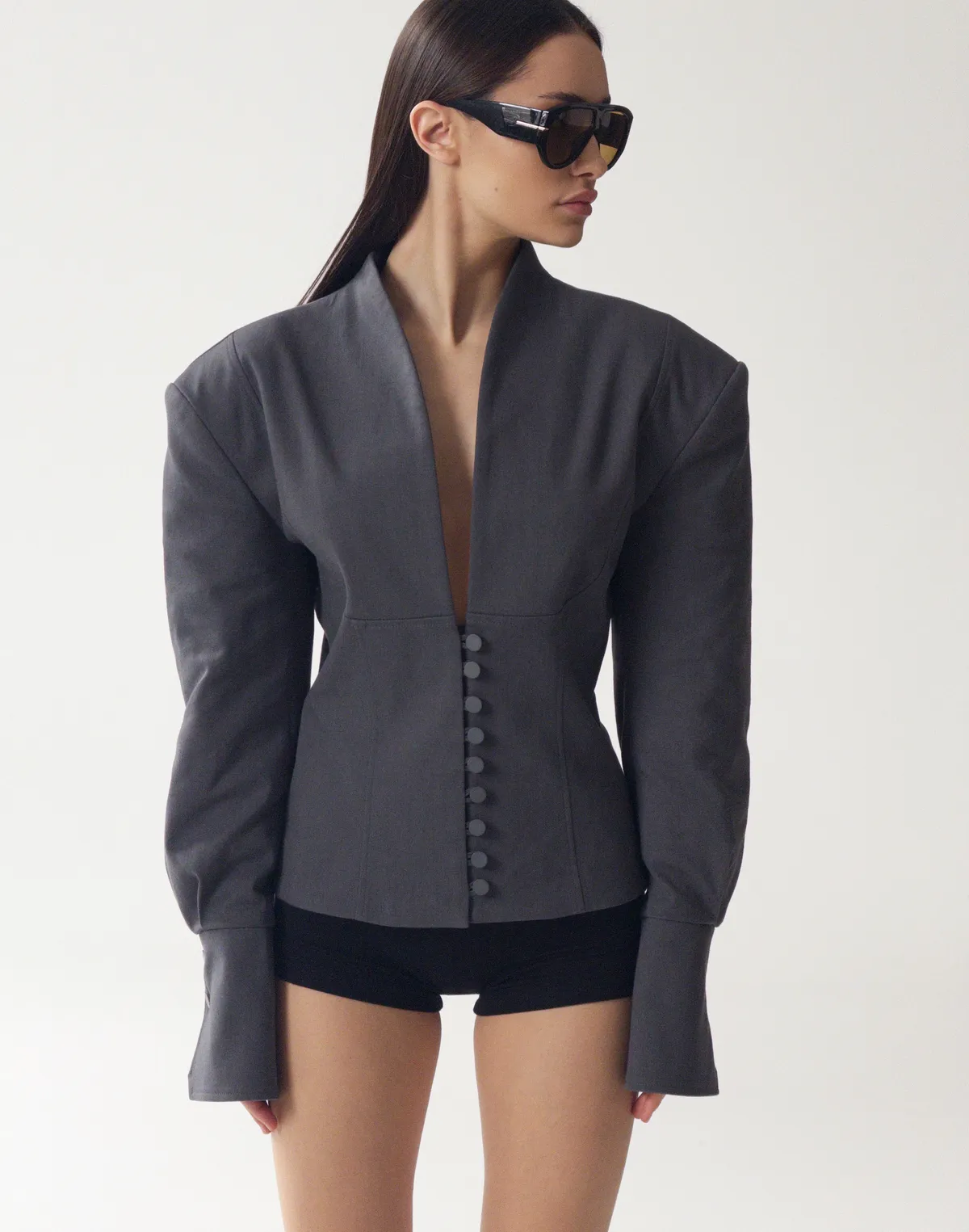 Жакет з V-подібним декольте та ґудзиками, сталевий - Фото 8