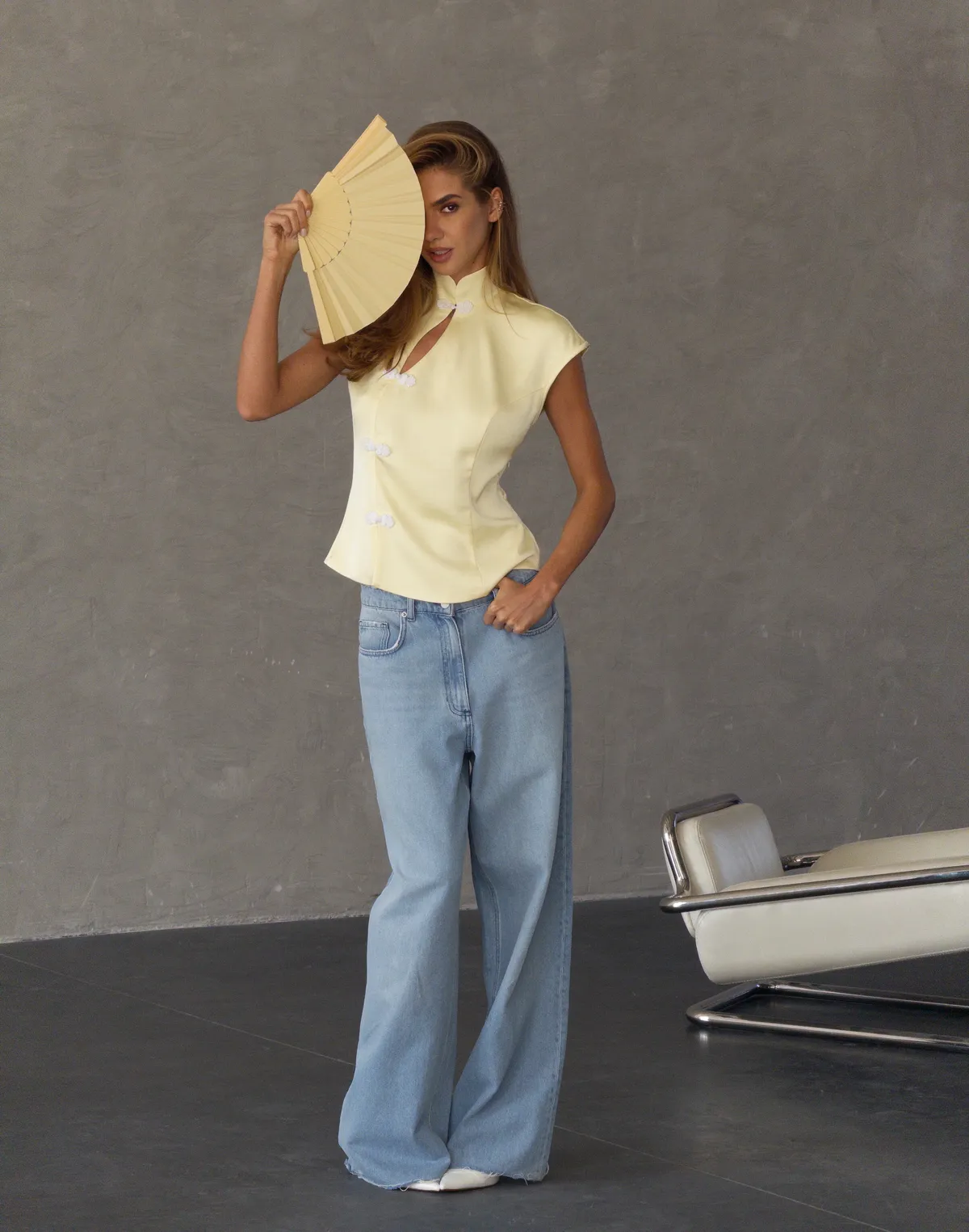 Топ-блуза в азійскому стилі сатиновий, вершкове масло - Фото 7