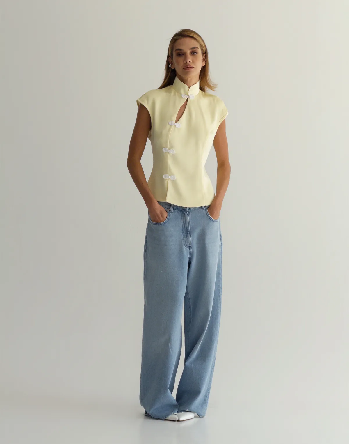 Топ-блуза в азійскому стилі сатиновий, вершкове масло - Фото 3