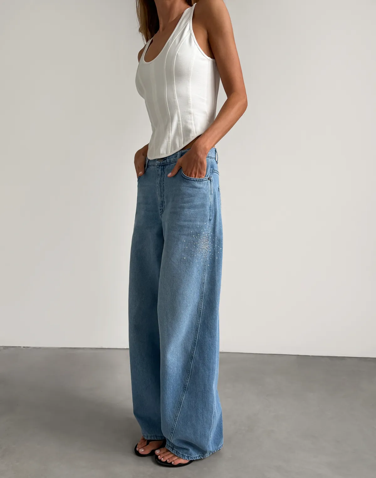 Джинси baggy жіночі вільного крою зі стразами, блакитні класичні - Фото 1