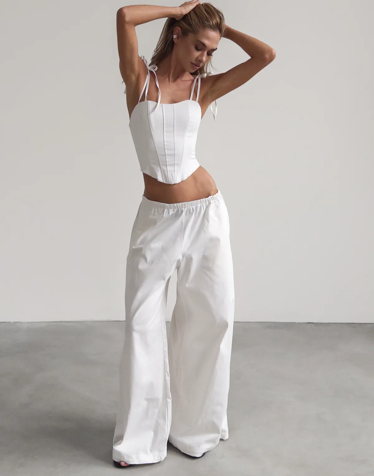 Штани карго на затяжках котонові, молочні - Фото 1