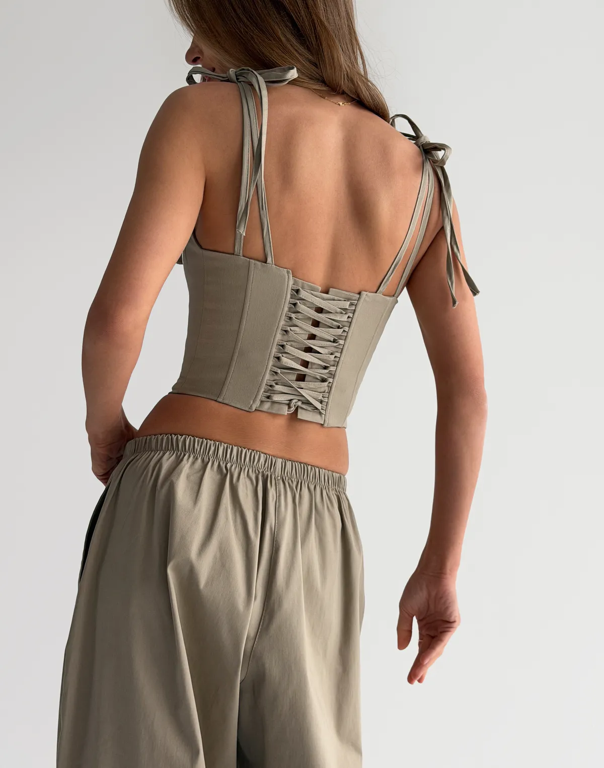 Топ з корсетними лініями та шнурівкою на спині, бежевий - Фото 2