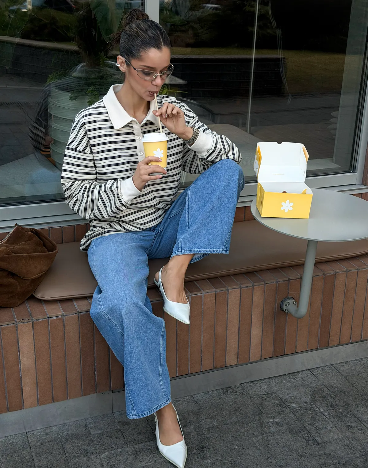 Жіноча кофта-поло у смужку вільного крою, молочна у чорну смужку - Фото 4